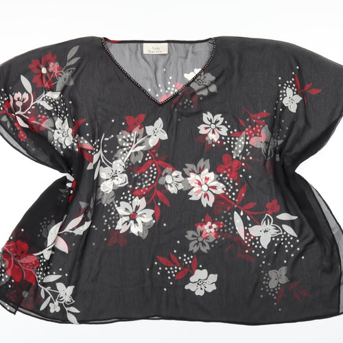 Ann Harvey Womens Black Floral Polyester Basic T-Shirt Size 20 V-Neck