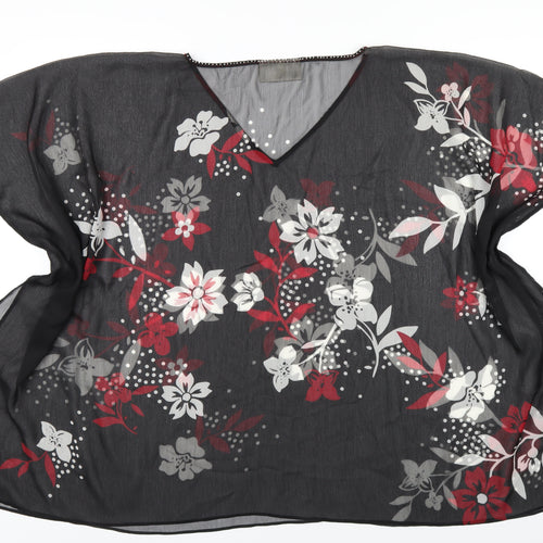 Ann Harvey Womens Black Floral Polyester Basic T-Shirt Size 20 V-Neck
