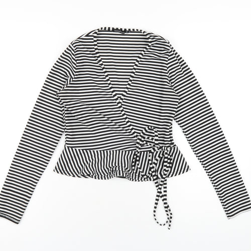 Boohoo Womens Black Striped Polyester Wrap T-Shirt Size 10 V-Neck