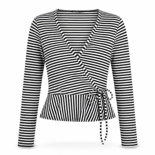Boohoo Womens Black Striped Polyester Wrap T-Shirt Size 10 V-Neck