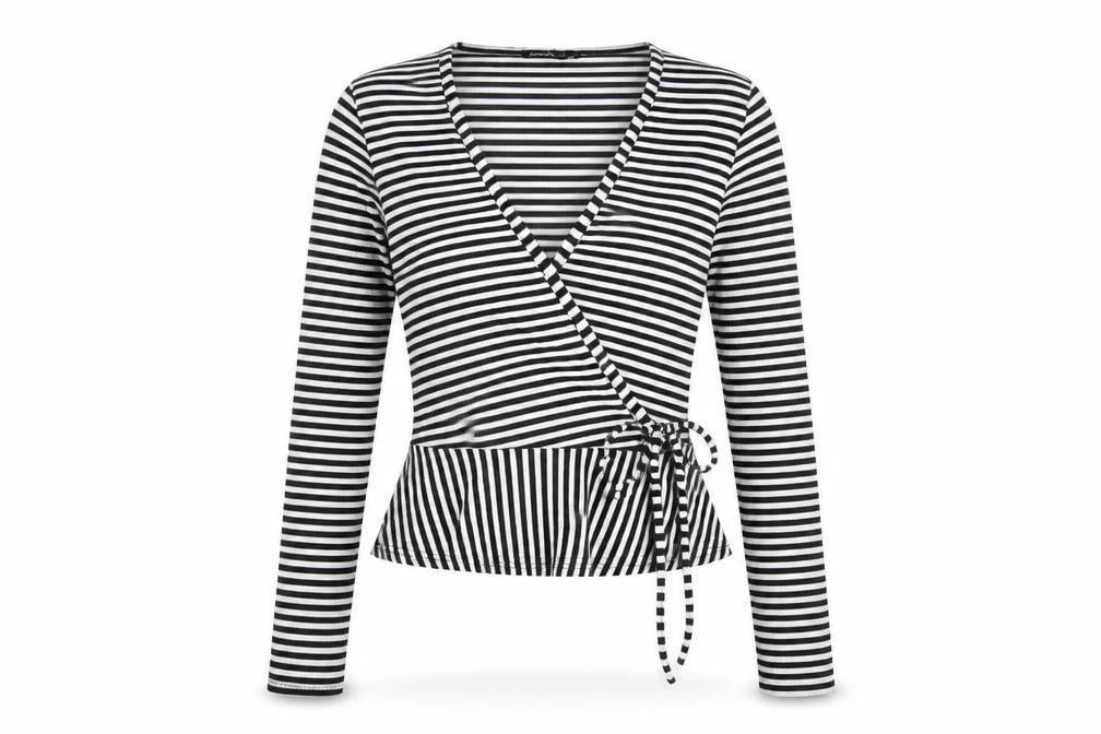 Boohoo Womens Black Striped Polyester Wrap T-Shirt Size 10 V-Neck