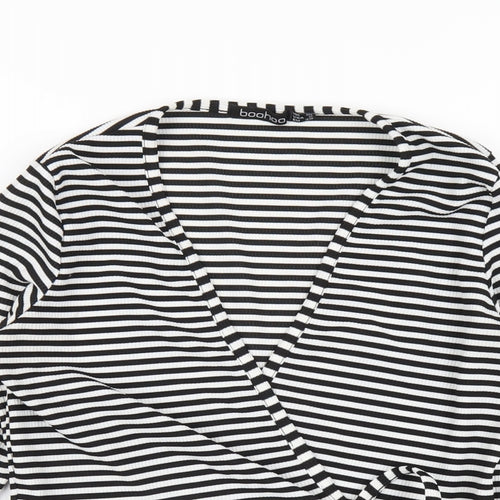 Boohoo Womens Black Striped Polyester Wrap T-Shirt Size 10 V-Neck