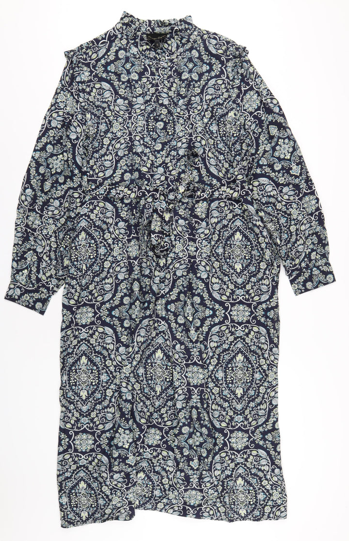 Phase Eight Womens Blue Geometric Viscose A-Line Size 16 Mock Neck Button