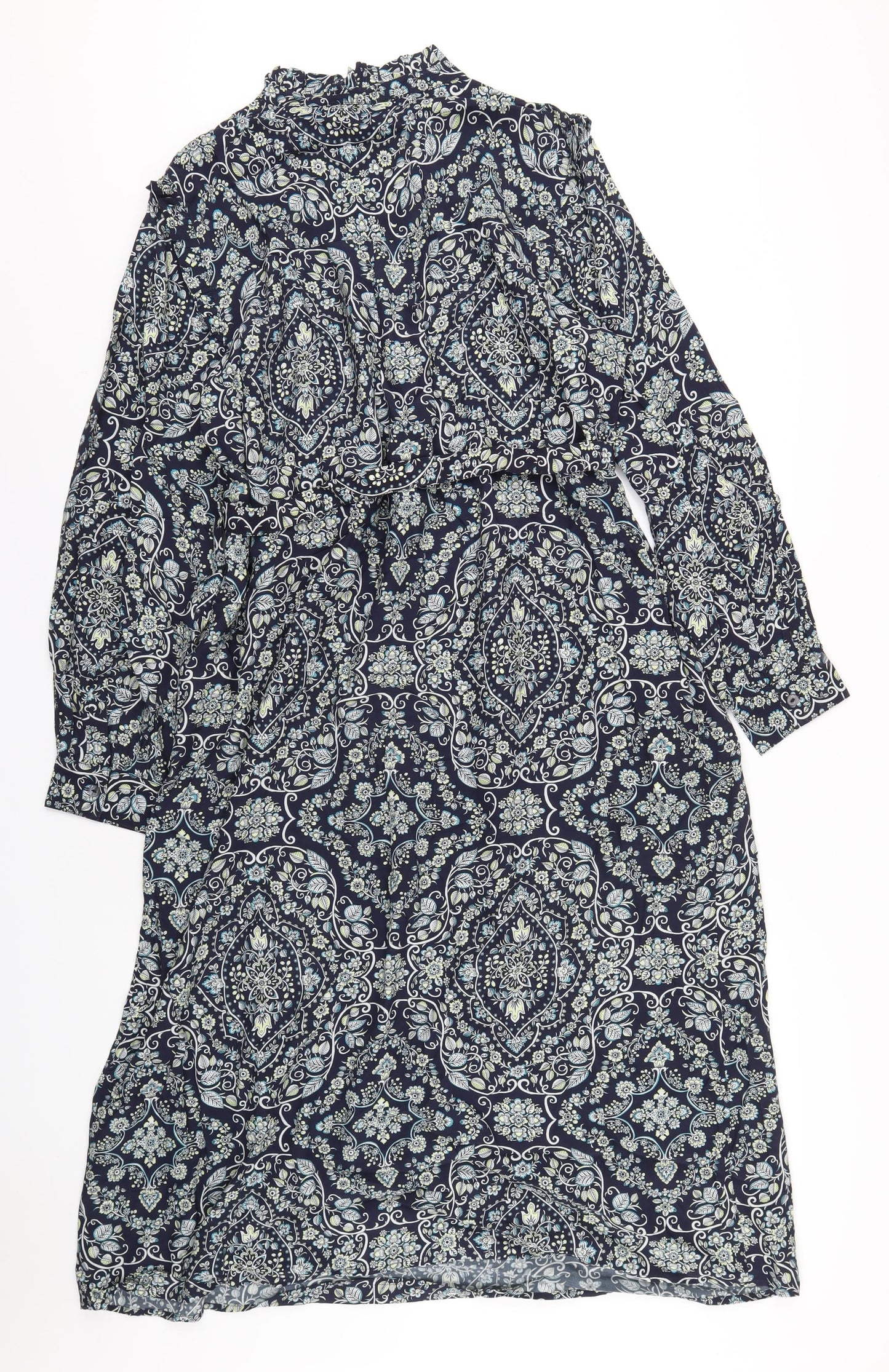 Phase Eight Womens Blue Geometric Viscose A-Line Size 16 Mock Neck Button