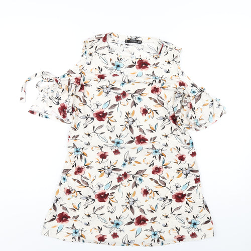 Mango Womens Ivory Floral Polyester Basic T-Shirt Size XS Round Neck