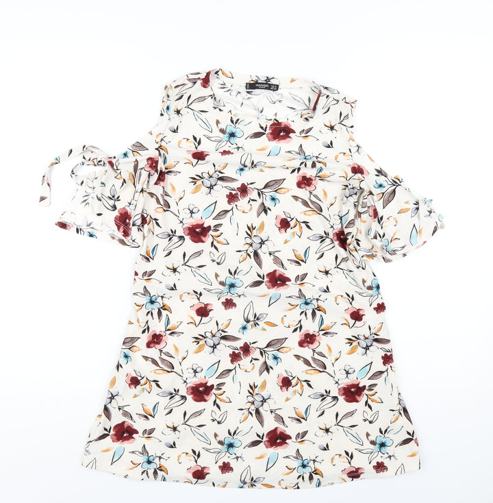 Mango Womens Ivory Floral Polyester Basic T-Shirt Size XS Round Neck