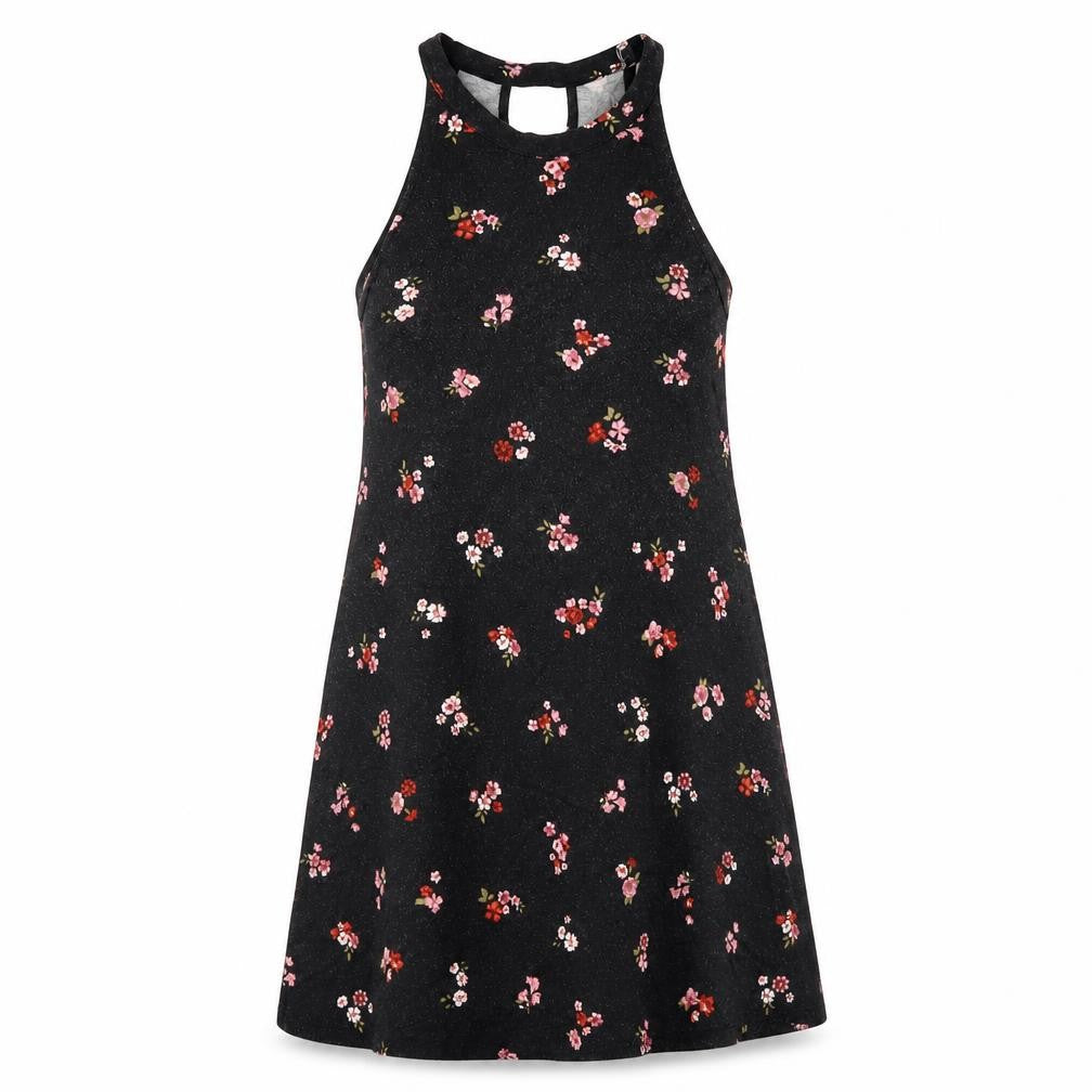 Front view of Pull&Bear women’s black floral viscose a-line, size S, round neck pullover
