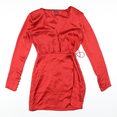 Zara Womens Red Polyester A-Line Size XS V-Neck Button
