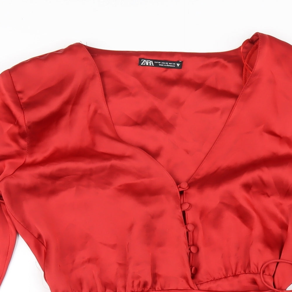 Zara Womens Red Polyester A-Line Size XS V-Neck Button