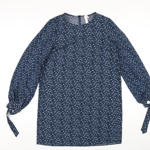 H&M Womens Blue Floral Polyester A-Line Size 8 Round Neck Button