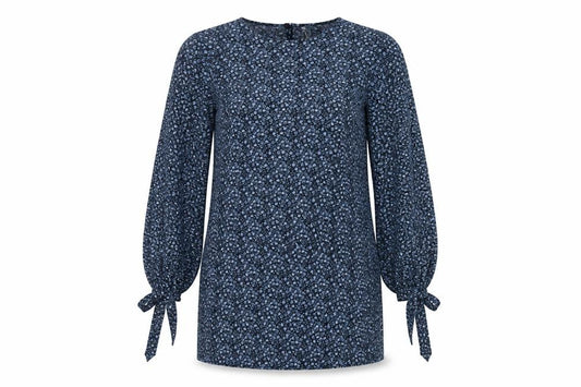 Front view of H&M women’s blue floral polyester a-line, size UK 8, round neck button