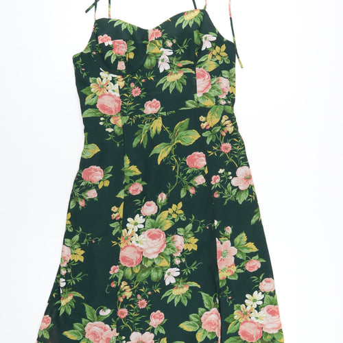 Commense Womens Green Floral Polyester A-Line Size L Sweetheart Zip