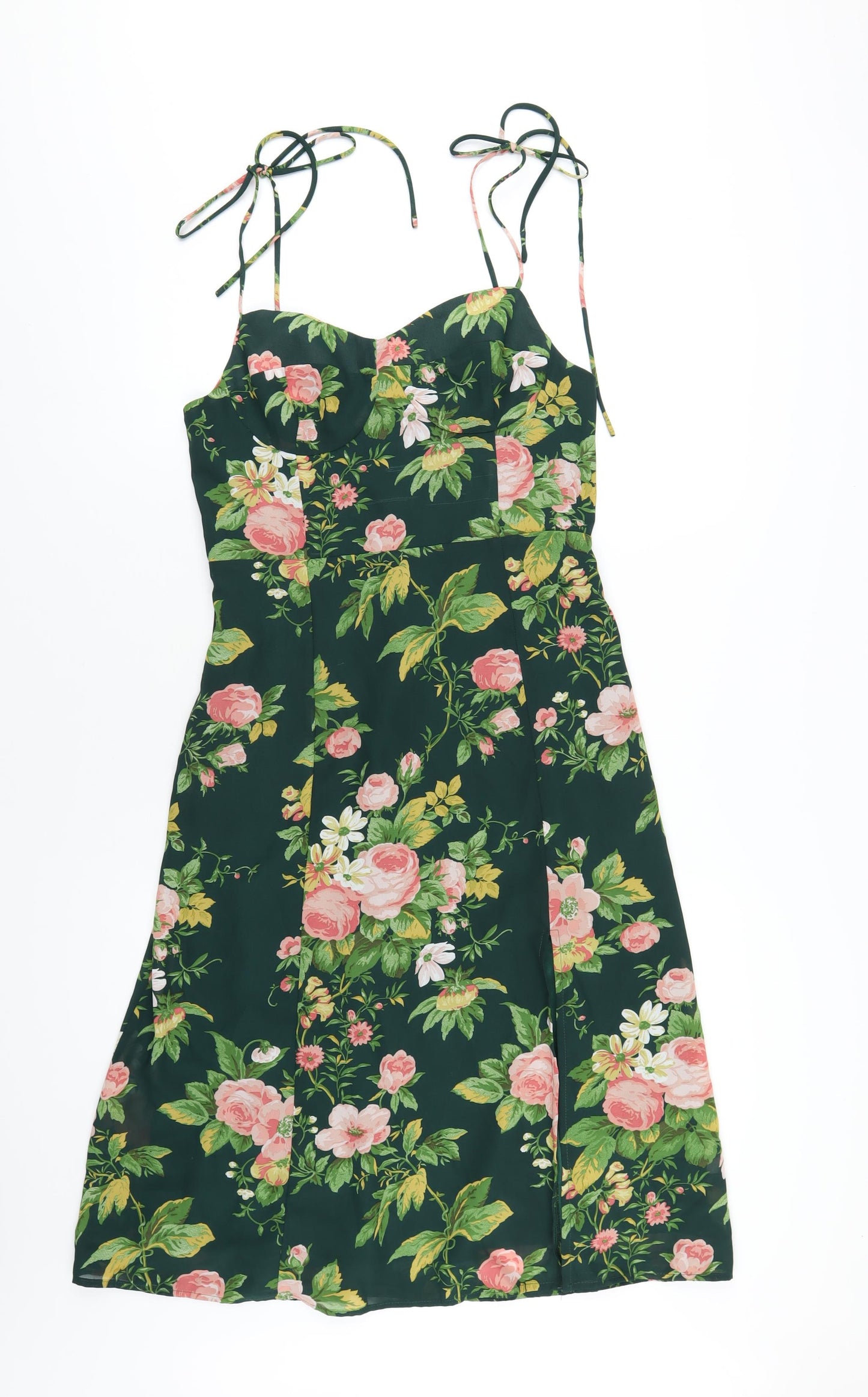 Commense Womens Green Floral Polyester A-Line Size L Sweetheart Zip