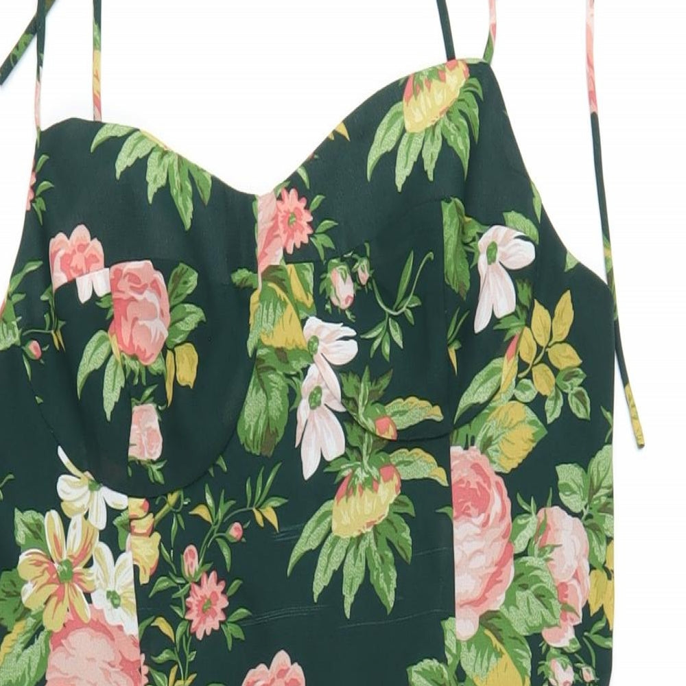 Commense Womens Green Floral Polyester A-Line Size L Sweetheart Zip