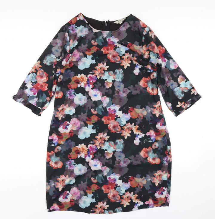 Yumi Womens Black Floral Polyester A-Line Size 12 Round Neck Zip