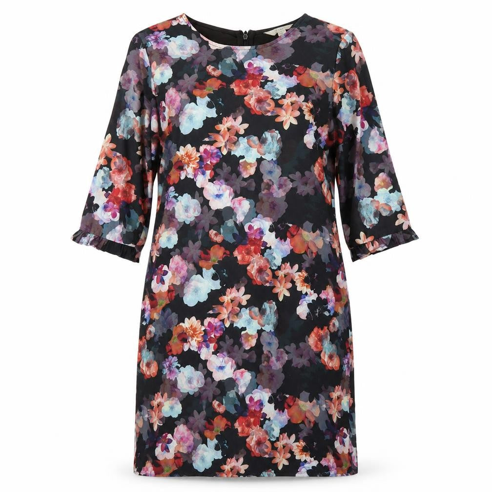 Front view of Yumi women’s black floral polyester a-line, size UK 12, round neck zip
