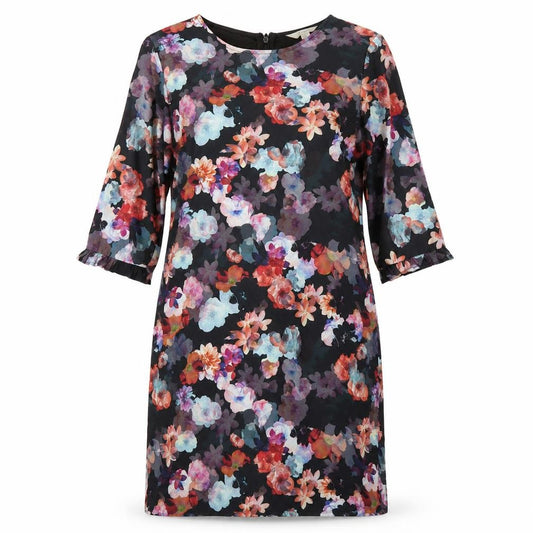 Front view of Yumi women’s black floral polyester a-line, size UK 12, round neck zip