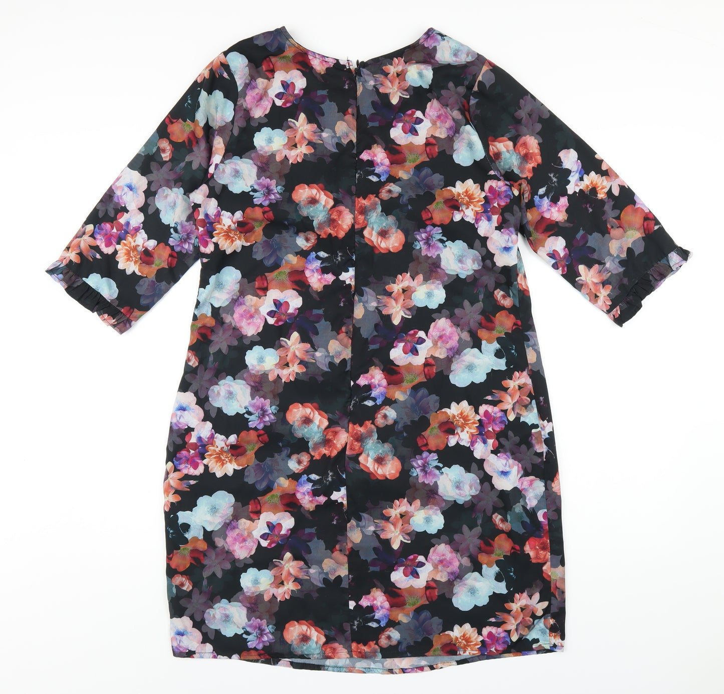 Yumi Womens Black Floral Polyester A-Line Size 12 Round Neck Zip