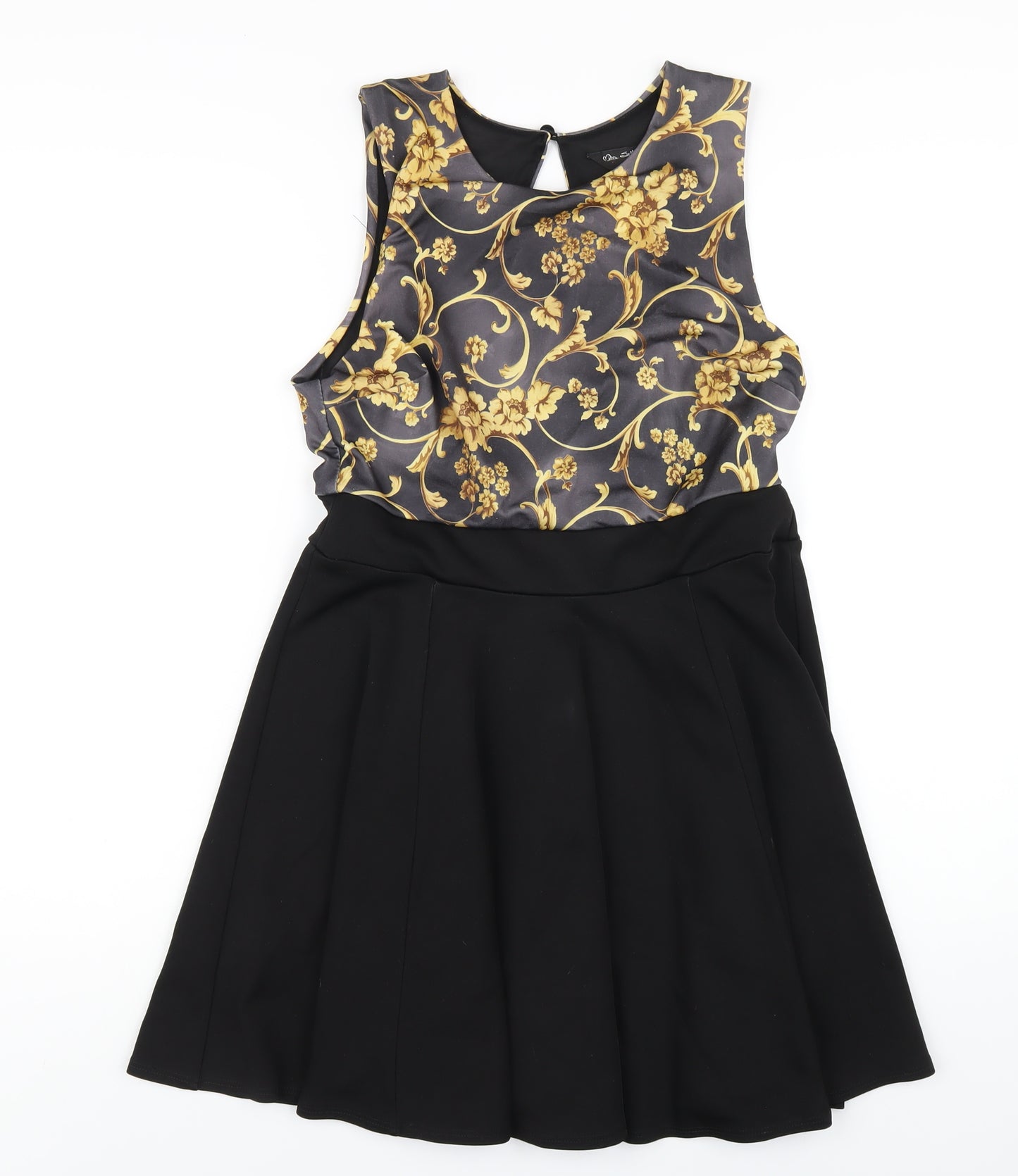 Miss Selfridge Womens Black Geometric Polyester A-Line Size 12 Round Neck Button