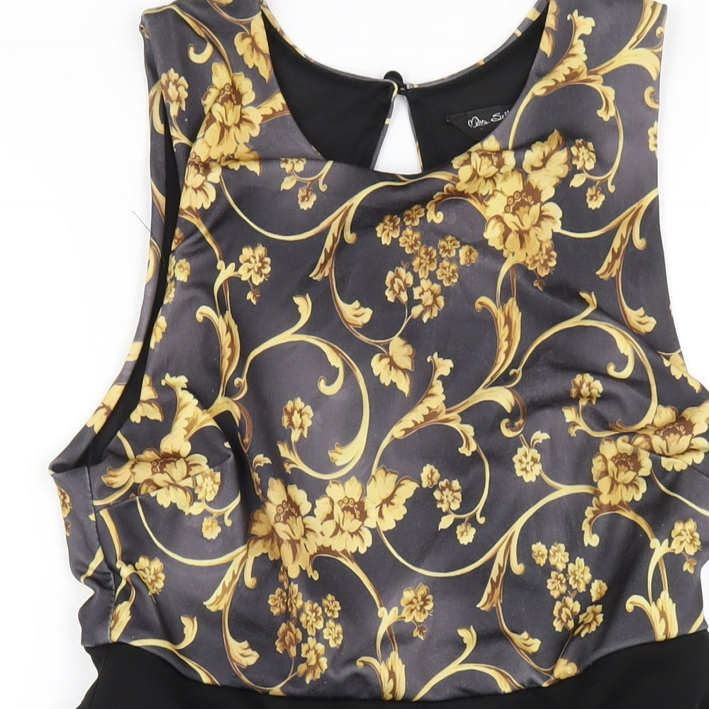 Miss Selfridge Womens Black Geometric Polyester A-Line Size 12 Round Neck Button