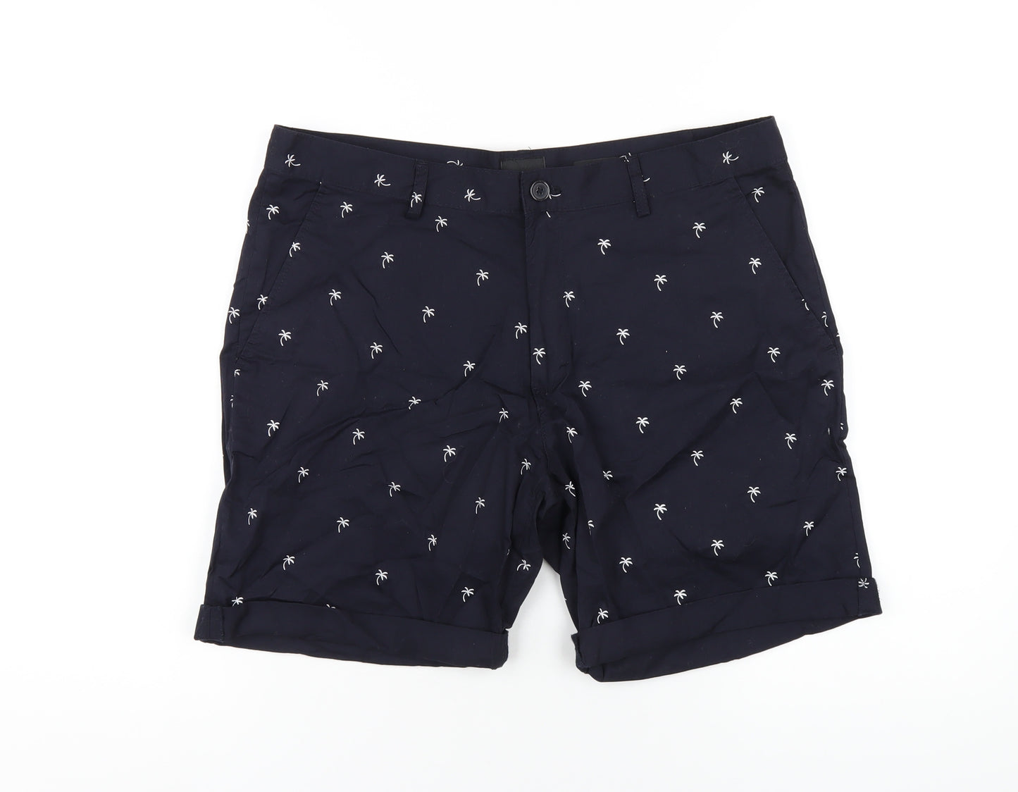 H&M Mens Blue Geometric Cotton Bermuda Shorts Size 33 in Regular Zip
