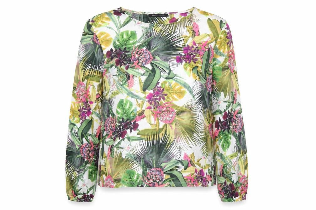 Front view of Marks & Spencer women’s multicoloured floral patent leather basic t-shirt, size UK 12, round neck