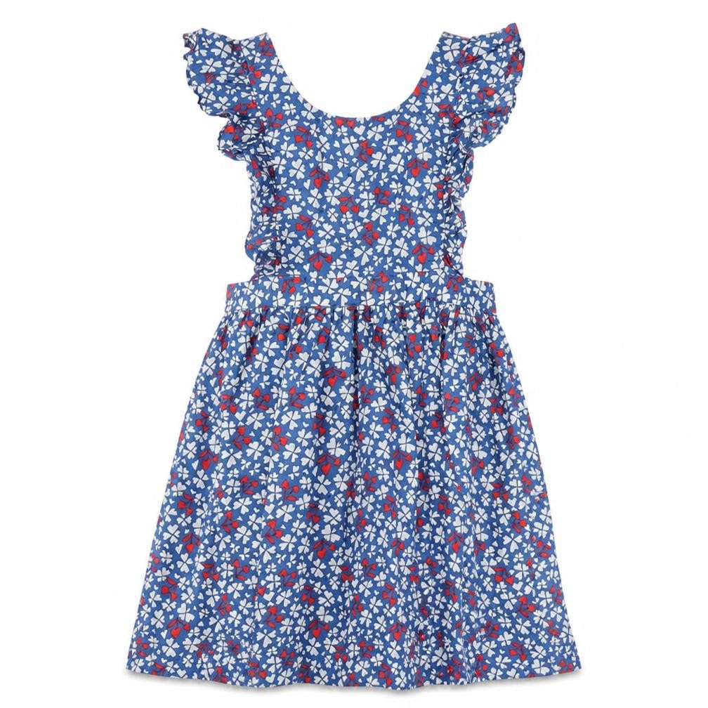 Front view of Bonpoint women’s blue geometric cotton a-line, size UK 10, round neck button