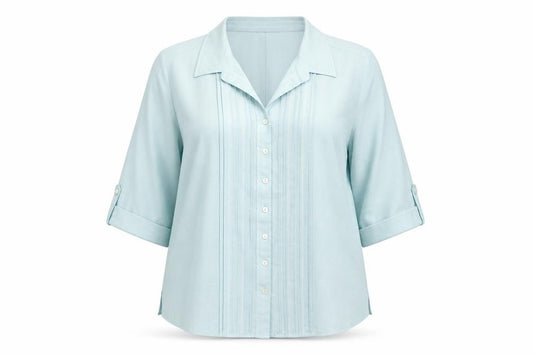 Front view of Bonmarché women’s blue polyester basic button-up, size UK 22, collared