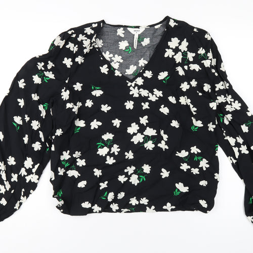 .Object Womens Black Floral Viscose Basic T-Shirt Size 12 V-Neck
