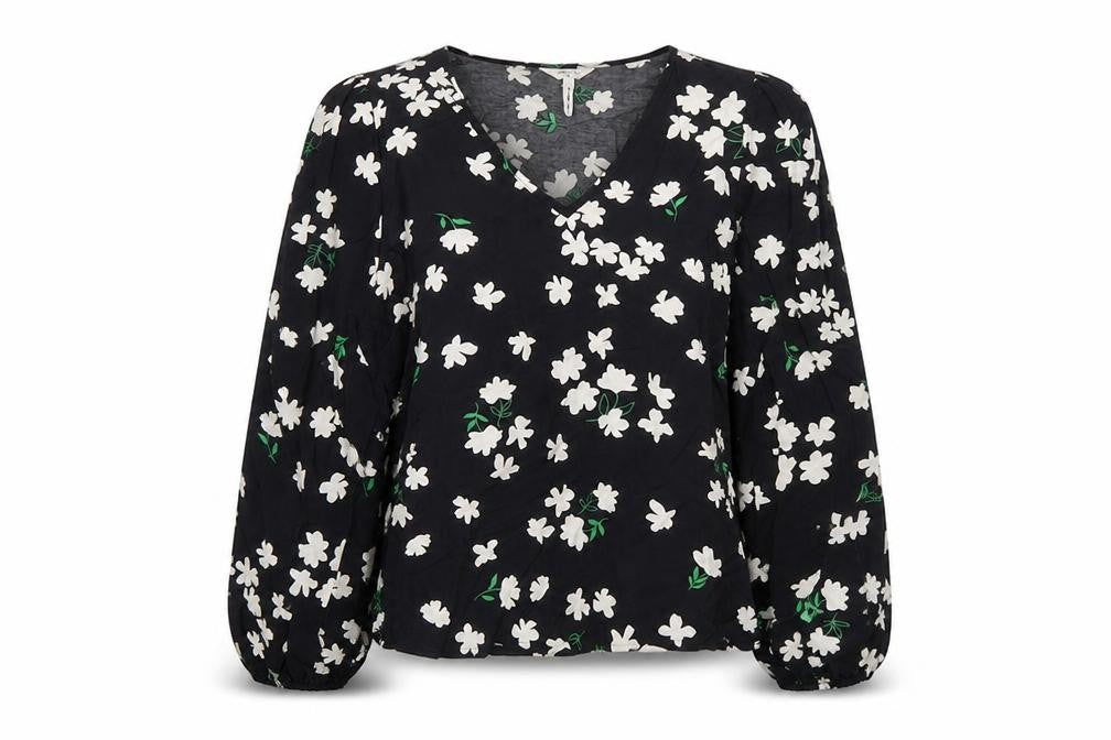 Front view of .Object women’s black floral viscose basic t-shirt, size UK 12, v-neck