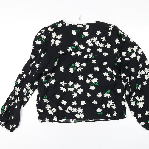 .Object Womens Black Floral Viscose Basic T-Shirt Size 12 V-Neck