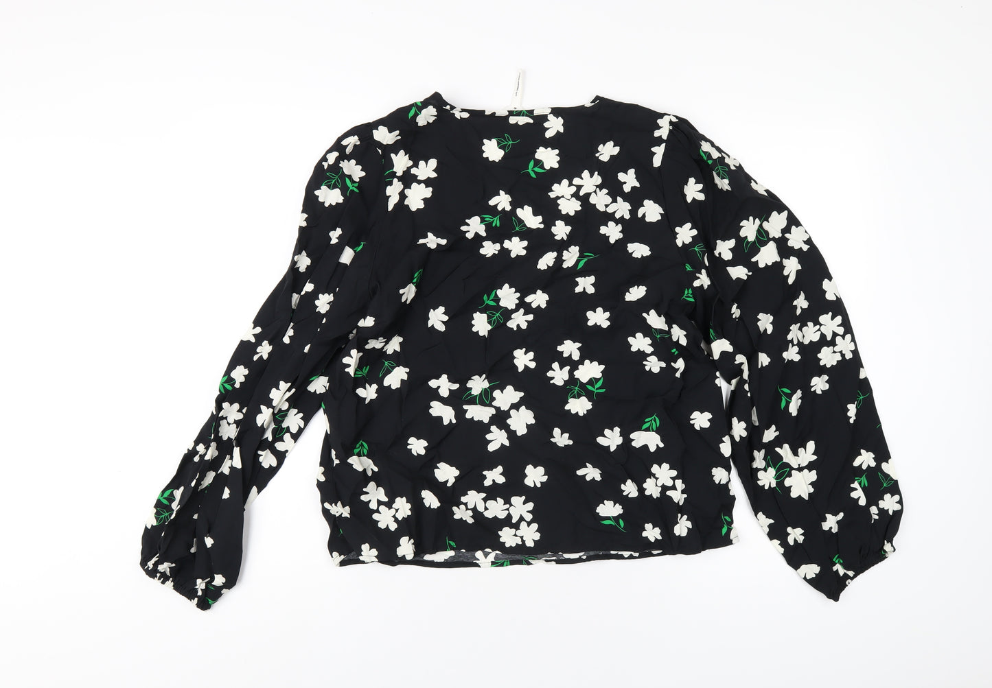 .Object Womens Black Floral Viscose Basic T-Shirt Size 12 V-Neck