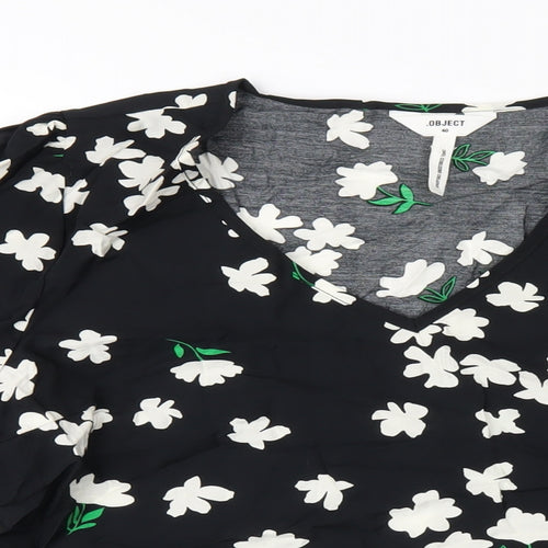 .Object Womens Black Floral Viscose Basic T-Shirt Size 12 V-Neck