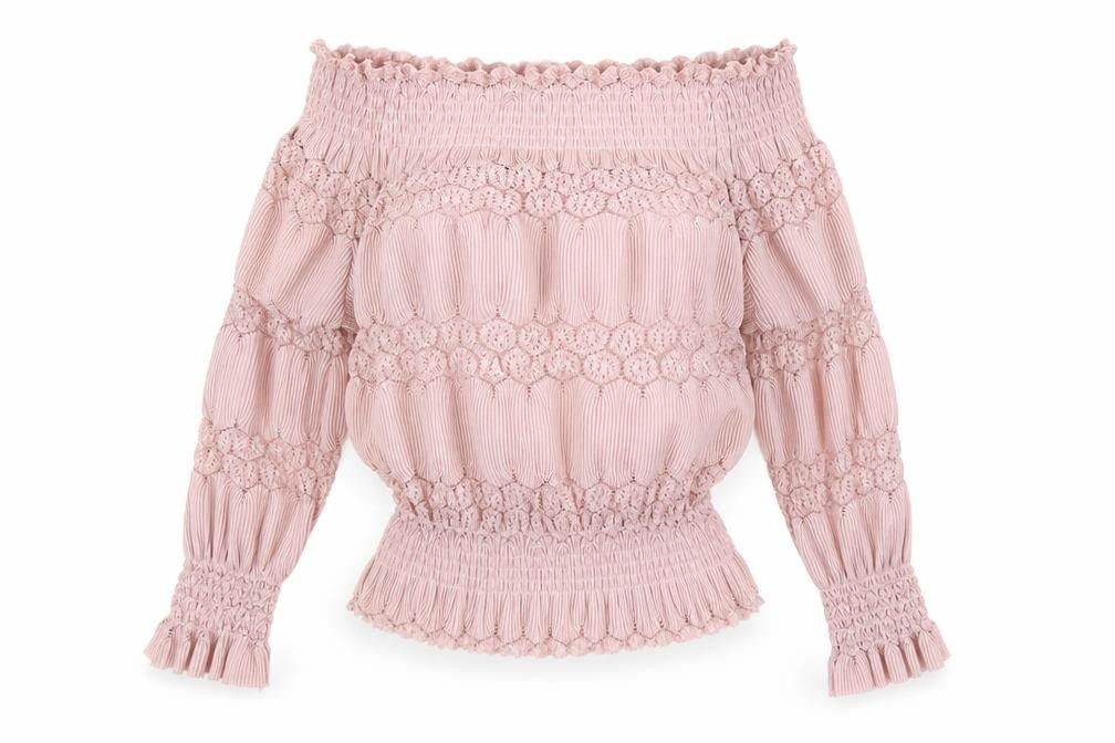 Front view of Ally women’s pink polyester basic t-shirt, size UK 12, off the shoulder