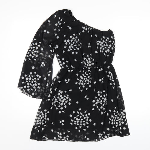 New Look Womens Black Geometric Polyester A-Line Size 8 One Shoulder Pullover