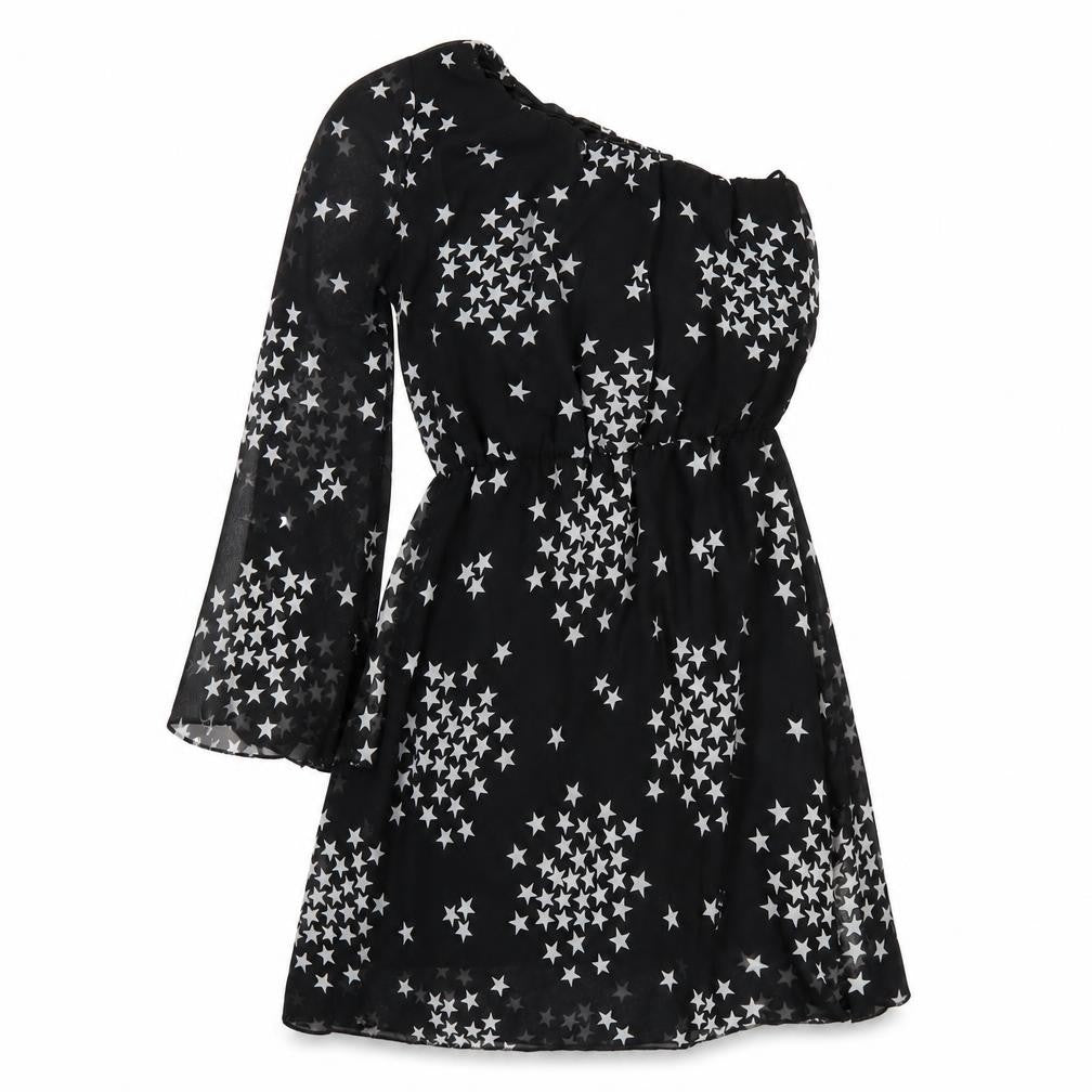 Front view of New Look women’s black geometric polyester a-line, size UK 8, one shoulder pullover