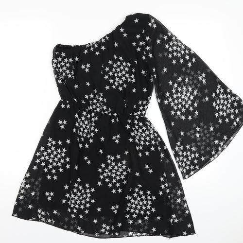 New Look Womens Black Geometric Polyester A-Line Size 8 One Shoulder Pullover