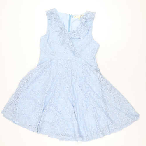 Yumi Womens Blue Floral Polyester Skater Dress Size 12 V-Neck Zip