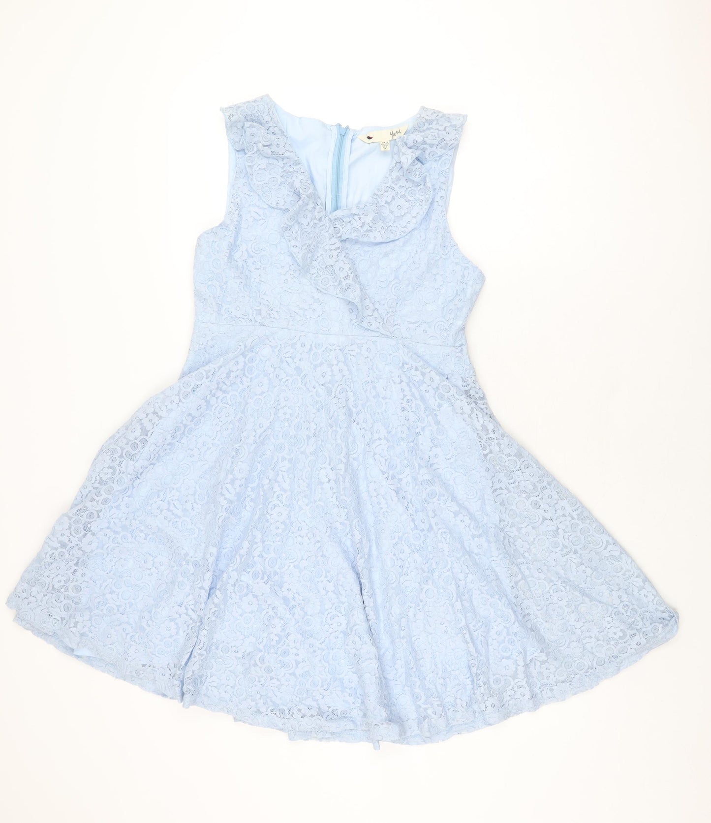 Yumi Womens Blue Floral Polyester Skater Dress Size 12 V-Neck Zip