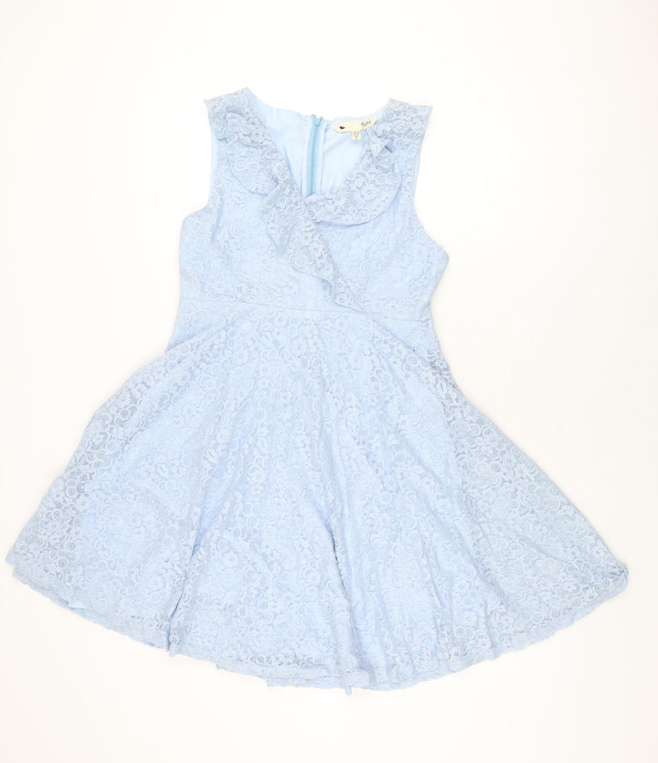 Yumi Womens Blue Floral Polyester Skater Dress Size 12 V-Neck Zip