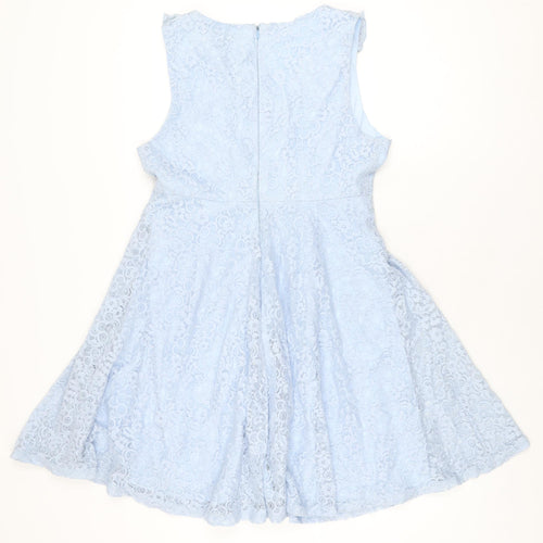 Yumi Womens Blue Floral Polyester Skater Dress Size 12 V-Neck Zip
