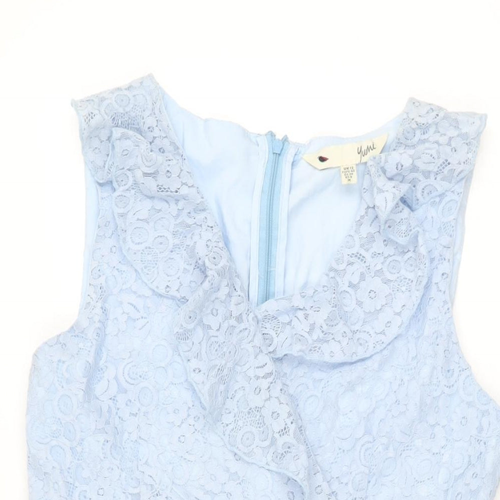 Yumi Womens Blue Floral Polyester Skater Dress Size 12 V-Neck Zip