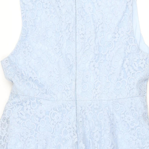 Yumi Womens Blue Floral Polyester Skater Dress Size 12 V-Neck Zip