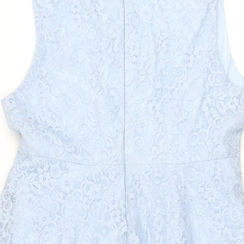 Yumi Womens Blue Floral Polyester Skater Dress Size 12 V-Neck Zip