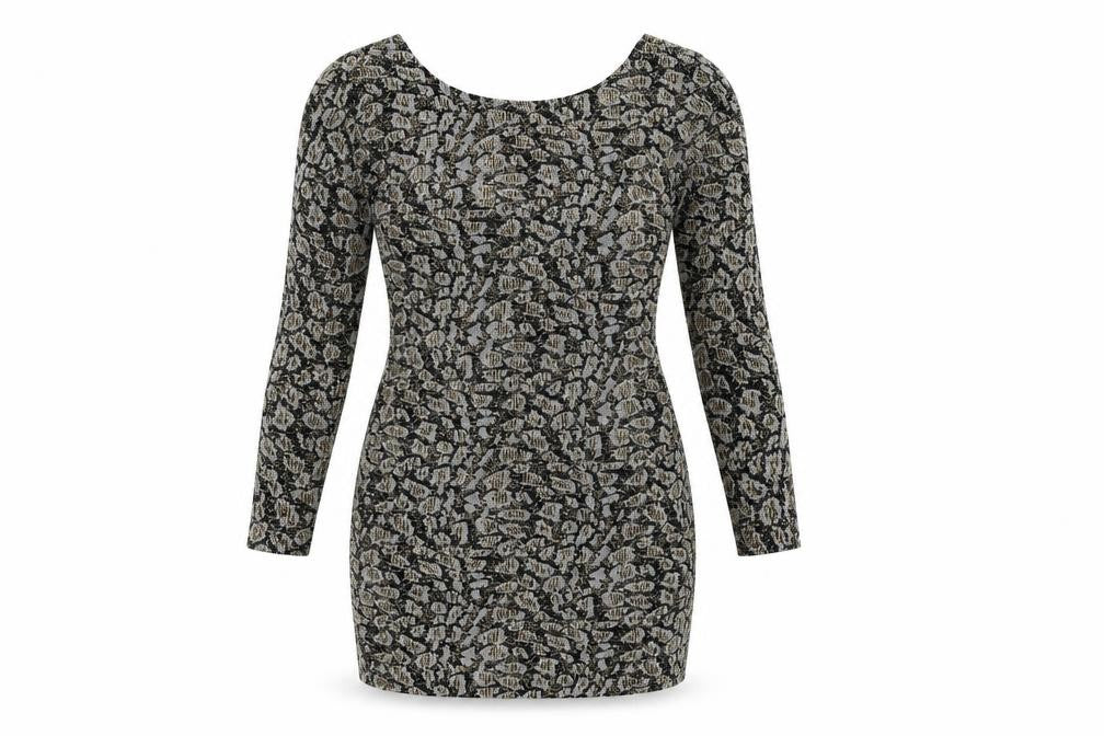 Front view of Topshop women’s black geometric nylon mini, size UK 8, round neck pullover