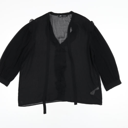 Zara Womens Black Polyester Basic Blouse Size L V-Neck