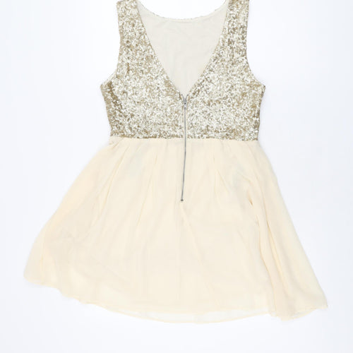 TFNC London Womens Gold Polyester Skater Dress Size L Round Neck Zip