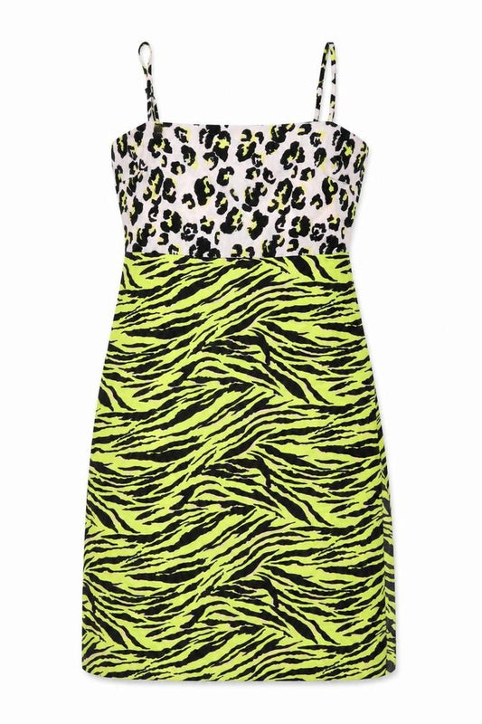 Front view of Miss Selfridge women’s multicoloured animal print polyester a-line, size UK 14, square neck zip