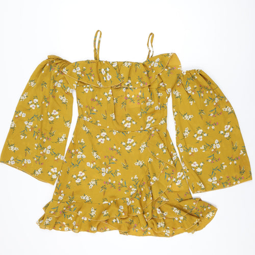 Missguided Womens Yellow Floral Polyester Mini Size 10 Square Neck Zip