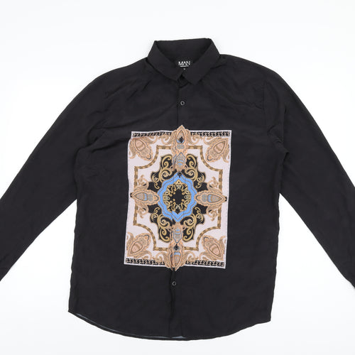 Boohoo Mens Black Geometric Polyester Button-Up Size M Collared Button